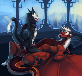 anal anal_penetration anatomically_correct anatomically_correct_genitalia anatomically_correct_penis anus balls black_body black_fur blush bodily_fluids claws countershading cowgirl_position cum cum_in_ass cum_inside digitigrade dipstick_tail duo erection eye_markings eye_roll facial_markings feral from_front_position fur genital_fluids genitals hair hands_on_hips hands_on_own_hips head_markings horn inside knot long_tongue lying male male/male male_on_bottom male_on_top male_penetrated male_penetrating male_penetrating_male markings membrane_(anatomy) membranous_wings mountain multicolored_tail muzzle_(marking) on_back on_bottom on_top open_mouth pawpads penetration penis precum red_body reverse_countershading saliva scar sergal_penis sex sharp_teeth sky snout snout_markings spread_wings straddling tail tail_markings tail_tuft tapering_glans tapering_tail teeth tongue tongue_out tuft underpaw white_body white_fur white_hair wings zerolativity mythology beastvvolf gariyuu dragon mammal mythological_creature mythological_scalie scalie sergal