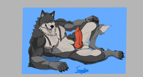 animal_genitalia animal_penis anthro balls biceps big_penis blue_eyes bracelet braided_hair canine_genitalia canine_penis deltoids erection fur genitals grey_body grey_fur hair jewelry knot knotted_penis lying male muscular muscular_male nipples nude on_side pecs penis sheath solo tail triceps tonywolfen_(artist) mythology tonywolfen canid canine canis mammal mythological_canine mythological_creature werecanid werecanine werecreature werewolf wolf 2026 absurd_res digital_media_(artwork) hi_res