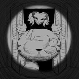 abdominal_bulge ambiguous_gender ambiguous_prey anthro anthro_pred belly big_belly big_hands big_tail black_sclera body_outline closet dark_room flashlight horror_(theme) huge_belly looking_at_viewer male male_pred markings navel oral_vore pseudo_hair scary shadow sharp_teeth smile solo tail teeth tentacle_hair tentacles vore kanida kanida_(kanida) alien 1:1 digital_drawing_(artwork) digital_media_(artwork) hi_res monochrome