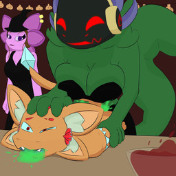 anthro beverage bodily_fluids clothing colored_cum cum excessive_cum excessive_genital_fluids female genital_fluids green_body green_cum gynomorph inner_ear_fluff intersex intersex/male juice_(beverage) machine male nude orange_body piercing pink_body pinned pinned_to_table tail tuft unusual_bodily_fluids unusual_cum unusual_genital_fluids ansia_(artist) ansia_(character) emerald_(emeraldsda) terrace_(character) amphibian aquatic avali axolotl mole_salamander protogen salamander 1:1 hi_res