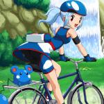 bicycle bicycle_helmet blue_body blue_clothing blue_gloves blue_hair blue_handwear blue_skin butt clothed clothing cosplay cycling detailed_background duo female gloves grass hair handwear human_focus not_furry_focus outside plant red_eyes vehicle waterfall white_body white_skin pokemoa nintendo pokemon pokemon_battle_revolution colosseum_leader_marina azurill generation_3_pokemon human mammal pokemon_(species) 1:1 low_res