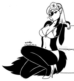 accessory anthro bikini clothing ear_piercing ear_ring female flower flower_in_hair fluffy fluffy_tail footwear fur hair hair_accessory half-closed_eyes high_heels midriff narrowed_eyes navel piercing plant ring_piercing shoes solo swimwear tail two-piece_swimsuit whiskers tegerio zandar's_saga kelly_o'dor mammal mephitid skunk 2026 black_and_white hi_res monochrome
