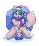 2022 :3 anthro areola belly_tuft biped black_nose blush breasts canid canine cheek_tuft chest_tuft christmas christmas_clothing christmas_headwear christmas_present claws clothing covering covering_crotch dialogue english_text facial_tuft female finger_claws fox fuel_(artist) fur gift green_hair hair hat headgear headwear hi_res holidays inner_ear_fluff kneeling looking_at_viewer mammal mostly_nude nipples outside pepper_(fuel) santa_hat scarf simple_background snow snowing solo speech_bubble text tongue tongue_out tuft white_background white_body white_fur