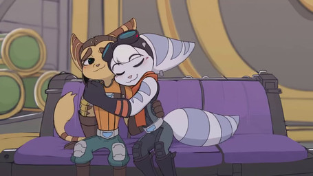 acting_like_a_cat anthro clothed clothing cybernetic_arm cybernetic_limb duo eyes_closed eyewear eyewear_on_head female fluffy fluffy_tail fur furniture gloves goggles goggles_on_head hair handwear hug male male/female sofa tail thin_tail white_body white_fur white_hair yellow_body yellow_fur time_fluffy500 ratchet_and_clank sony_corporation sony_interactive_entertainment ratchet_(ratchet_and_clank) rivet_(ratchet_and_clank) lombax mammal 16:9 animated high_framerate no_sound short_playtime video widescreen