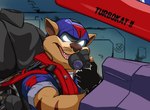 aircraft airplane anthro armor glowing glowing_eyes grinning_at_viewer headgear helmet inside_airplane jet male mask medical_instrument military oxygen_mask rolled_up_sleeves scientific_instrument sitting solo vehicle alphasabre hanna-barbera swat_kats chance_furlong t-bone_(swat_kats) felid feline mammal