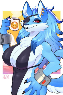 anthro beverage bikini black_clothing black_dress blue_body blue_fur blue_hair breasts clothed clothed_anthro clothed_female clothing coffee coffee_mug container cuff_(restraint) cup dress ear_piercing eye_patch eyewear female female_anthro fur hair handcuffs handwear holding_object looking_at_viewer metal_cuffs one-piece_swimsuit open_mouth piercing restraints shackles side_boob simple_background smile solo swimwear tail teeth two-piece_swimsuit white_background m5mona shot_one kiera_(shot_one) canid canine canis mammal wolf 2025 digital_drawing_(artwork) digital_media_(artwork) hi_res