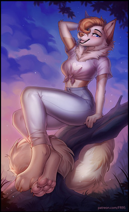 anthro barefoot black_border blue_eyes blush border bottomwear breasts brown_hair brown_nose clothed clothing eyebrows eyelashes feet female fluffy fluffy_tail fur hair high_waisted_bottomwear long_tail looking_at_viewer medium_breasts midriff neck_tuft open_mouth outline outside pants pawpads paws pink_pawpads pose seductive shirt sky skyscape smile solo star sunset t-shirt tail tan_body tan_fur text tied_shirt topwear tuft white_body white_fur f-r95 canid canine canis domestic_dog mammal 2022 digital_media_(artwork) english_text full-length_portrait hi_res pinup portrait url