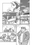 anthro bear canid canine canis clock clothed clothing comic day domestic_dog eyes_closed greyscale hat headgear headwear hi_res male mammal monochrome obese open_mouth overweight scarf smile takagi_kyou teeth tongue watch