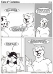 air_quotes anthro bored claws clothed clothing dialogue female fur group hair male open_mouth text james_m_hardiman cats_n'_cameras james_di_benedetto josephine_rodgers svetlana_(cnc) bear cheetah domestic_cat felid feline felis mammal polar_bear ursine comic english_text greyscale monochrome pen_(artwork) traditional_media_(artwork) url