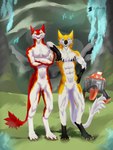 abs anthro biceps blue_eyes cave claws duo fur looking_at_viewer machine male male/male muscular muscular_anthro muscular_male open_mouth pecs red_body red_fur simple_background smile tail tongue white_body white_fur yellow_body yellow_eyes yellow_fur conditional_dnp teremunart deep_rock_galactic ghost_ship_games nagato_(nagatothesergal) teremun_(character) mammal robot sergal absurd_res hi_res