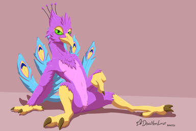 anthro avian_feet beak biped blue_body clothing feathered_crest feathered_wings feathers gesture green_eyes hand_gesture head_crest male pink_body pointing scarf smile solo tail tail_feathers winged_arms wings doesnotexist gyro_feather avian bird galliform peafowl phasianid 3:2 digital_media_(artwork) hi_res