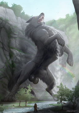animal_genitalia animal_penis balls bound canine_genitalia canine_penis claws day duo feet feral feral_focus fully_sheathed fur genitals looking_at_viewer macro macro_feral macro_focus macro_male male male_feral nature open_mouth outside penis rainbow sheath solo_focus standing tail teeth toes tongue water dark_violet fenrir_(mythology) canid canine canis human jotunn mammal wolf 2026 absurd_res digital_drawing_(artwork) digital_media_(artwork) hi_res