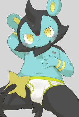 4_fingers anthro anthrofied areola arm_markings biped black_body black_fur black_tail blue_body blue_fur blush blush_lines bodily_fluids briefs briefs_only bulge clothed clothed_anthro clothed_male clothing fingers fur grey_background hand_behind_head looking_at_viewer male male_anthro markings mouth_closed multicolored_body multicolored_clothing multicolored_fur multicolored_tail multicolored_underwear navel nipples red_nose simple_background solo sweat tail topless topless_anthro topless_male two_tone_briefs two_tone_clothing two_tone_underwear underwear underwear_only white_briefs white_clothing white_underwear wrist_markings yellow_briefs yellow_clothing yellow_inner_ear yellow_markings yellow_tail yellow_underwear young young_anthro young_male exige nintendo pokemon felid generation_4_pokemon luxio mammal pokemon_(species) 2022 digital_media_(artwork) hi_res
