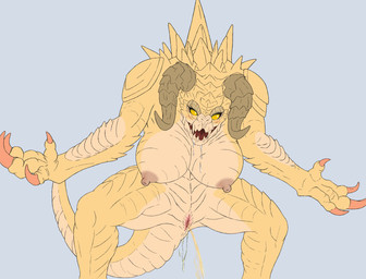 anthro areola big_breasts blush bodily_fluids breasts claws female genital_fluids genitals horn nipples nude peeing scales simple_background solo spread_legs spreading tail urine vulva watersports bisco fallout microsoft deathclaw scalie 2025 hi_res