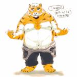 anthro belly bottomwear cigarette clothing humanoid_hands male moobs navel nipples overweight overweight_anthro overweight_male pants simple_background smoking solo text white_background spazz_bear felid mammal pantherine tiger 1:1 2018 absurd_res english_text hi_res