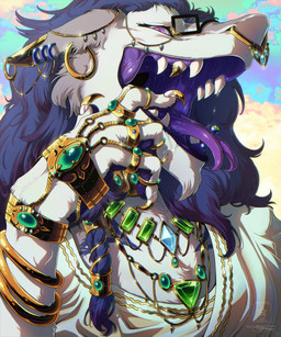 anthro aquamarine_(gem) bracelet chain claws clothing crystal ear_piercing ear_ring emerald_(gem) eyewear facial_piercing fur gem gemstones gesture glasses gold_(metal) gold_jewelry hair hand_gem hand_gesture jade_(gem) jewelry looking_at_viewer male mouth_shot necklace nose_piercing nose_ring open_mouth peridot_(gem) piercing pink_eyes purple_hair purple_mouth ring_piercing silk simple_background smile smug solo teeth_showing tongue wearing_glasses white_body white_fur seregore taloverae sergal absurd_res cel_shading hi_res shaded