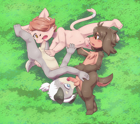 3_toes 4_toes accessory anthro arm_tuft balls blush bodily_fluids brown_body chest_tuft countershading elbow_tuft erection feet floppy_ears foreskin furgonomics genitals grey_body group group_sex hair hair_over_eye humanoid_genitalia humanoid_penis jewelry knee_tuft leg_tuft licking looking_at_genitalia looking_at_penis lying male male/male narrowed_eyes navel nude nude_anthro nude_male on_side open_mouth orange_eyes penile penis ring sex shoulder_tuft tail tail_accessory tail_jewelry tail_ring tan_balls tan_body tan_countershading tan_penis toes tongue tongue_out triangle_position trio tuft white_balls white_penis young young_anthro young_male young_on_young ofuro cyberconnect2 fuga:_melodies_of_steel little_tail_bronx britz_strudel jin_macchiato kyle_bavarois basset_hound canid canine caninu canis dobermann domestic_cat domestic_dog felid feline felineko felis hunting_dog mammal pinscher scent_hound alternate_version_at_source