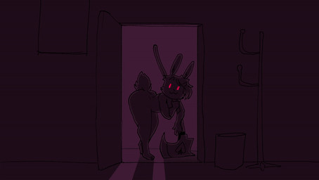 ambiguous_gender anthro axe big_butt butt door fur glowing glowing_eyes hair hat_rack holding_axe holding_object horn inner_ear_fluff long_ears nude_ambiguous nude_anthro open_door red_body red_eyes red_fur red_horn scut_tail short_tail smile solo tail thick_thighs tuft white_body white_fur white_hair white_inner_ear_fluff mvsnake lagomorph leporid mammal rabbit 2d_animation animated