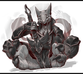 anthro armor barefoot claws clothing duo feet foot_focus fur lightened_soles male melee_weapon paws smile soles sword tail teeth toes weapon kredri mammal sergal