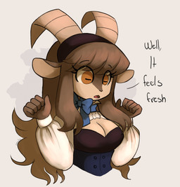 2_horns accessory anthro breasts brown_body brown_eyes brown_fur brown_hair cleavage clothed clothing dialogue female fur hair hair_accessory hairband horizontal_pupils horn long_sleeves open_mouth pupils solo okaliz adeline_(okaliz) bovid caprine goat mammal absurd_res hi_res