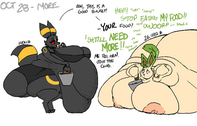 anthro areola belly big_belly big_breasts big_butt black_body blue_eyes bottomwear breasts butt clothed clothing dialogue duo eating female fur green_body green_fur huge_belly huge_breasts huge_butt huge_thighs hyper hyper_belly hyper_breasts hyper_butt immobile markings midriff morbidly_obese morbidly_obese_anthro morbidly_obese_female multicolored_body nipples nude obese obese_anthro obese_female overweight overweight_anthro overweight_female purple_eyes red_sclera shorts simple_background smile stretch_marks tan_body tan_fur text thick_thighs topwear weight_gain weight_gain_sequence yellow_body zandyzolo nintendo pokemon vi_(zandyzolo) eeveelution generation_2_pokemon generation_4_pokemon leafeon pokemon_(species) umbreon english_text hi_res