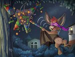 adobe_photoshop_(artwork) anthro bat biped blindfold brown_body brown_fur candy chiropica claws dessert digital_media_(artwork) echolocation fangs fingers food fur male mammal membrane_(anatomy) membranous_wings pandapaco pinata plant teeth tree wings young young_anthro young_male