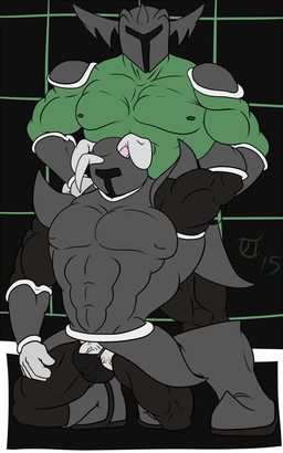abs anthro armor balls barely_contained biceps big_muscles bulge clothed clothing duo fur genitals green_body green_skin half-erect hug male male/male muscular muscular_male nipples pecs penis pose skimpy topless vein veiny_penis white_balls white_body white_fur white_penis year terrykurosu mythology undertale undertale_(series) rg01_(undertale) rg02_(undertale) dragon lagomorph leporid mammal mythological_creature mythological_scalie rabbit scalie 2015 5:8 digital_media_(artwork) hi_res signature