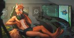 4_toes 5_fingers anthro brown_body brown_fur brown_hair clothed clothing computer_keyboard curved_monitor detailed_background electronics eyebrows eyelashes feet fingers fur gaming_chair hair headphones headphones_around_neck male monitor solo toes triforce eruca capcom discord_(app) monster_hunter nintendo the_legend_of_zelda rzrblader1 canid canine fox mammal 2022 digital_media_(artwork) digital_painting_(artwork)