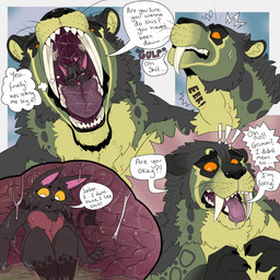 accidental_vore anthro big_fangs black_nose cheek_tuft duo facial_tuft fangs front_view fur green_body green_fur grey_body grey_fur head_tuft huge_fangs in_mouth inside_stomach male male_anthro male_pred male_prey mouth_shot muscular muscular_anthro muscular_male nude open_mouth oral_vore orange_eyes red_body red_fur side_view sitting slim_anthro slim_male spade_tail speech_bubble tail teeth text tongue tongue_out tuft vore whiskers swampjaws swamp_jaws_(imperatorcaesar) felid mammal 1:1 english_text hi_res