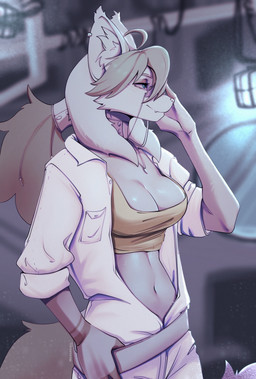 anthro biped breasts clothed clothed_anthro clothed_female clothing eyewear female fingers front_view fur glasses hair inside navel piercing smile solo standing tail teeth mergremil canid canine mammal 2026 digital_drawing_(artwork) digital_media_(artwork) hi_res
