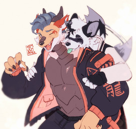 5_fingers anthro black_fur_markings blep blue_eyes blue_hair eyes_closed fingers fur grey_body grey_scales hair hug hugging_another hugging_from_behind male muscular muscular_anthro muscular_male open_mouth pawpads pink_pawpads scales tail tail_motion tailwag tongue tongue_out white_body white_fur yellow_body yellow_fur hemuchang mythology dragon furred_dragon furred_scalie mammal mythological_creature mythological_scalie procyonid raccoon scalie 2022 hi_res