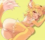 anus blush bottomless brown_eyes butt clothed clothing female fur genitals green_background looking_at_viewer mostly_nude open_mouth pussy simple_background solo yellow_body yellow_fur tsuderou ragnarok_online moonlight_flower animal_humanoid canid canid_humanoid canine canine_humanoid fox_humanoid humanoid mammal mammal_humanoid 2018 censored