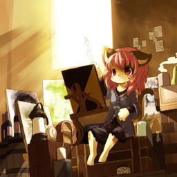 anthro barefoot clothed clothing feet female hair holding_object holding_pen inside kemono pen pink_hair red_eyes solo young young_anthro young_female kishibe calico_cat domestic_cat felid feline felis mammal 1:1 2008