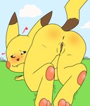 anthro anus black_eyes black_nose blush butt cloud female genitals green_grass heart_symbol long_ears pussy raised_tail sky smile solo tail teeth yellow_body aricks137 nintendo pokemon generation_1_pokemon hybrid pikachu pokemon_(species) animated hi_res