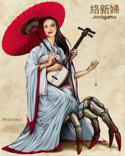 4_hands 5_fingers ambiguous_form ambiguous_gender asian_clothing black_eyebrows black_hair blood blood_on_face blue_clothing bodily_fluids brown_eyes closed_smile clothed clothed_female clothing duo east_asian_clothing eyebrows female feral fingers front_view fully_clothed fully_clothed_female hair holding_musical_instrument holding_object holding_parasol holding_shamisen japanese_clothing kimono lips long_hair long_neck looking_at_viewer mouth_closed multi_hand musical_instrument nails obi parasol pink_clothing plucked_string_instrument pose red_clothing red_lips shamisen simple_background smile smiling_at_viewer solo_focus string_instrument tan_background text thin_eyebrows twitter_handle white_clothing white_sclera christopher_stoll asian_mythology east_asian_mythology japanese_mythology mythology arachnid arthropod jorogumo spider yokai 2022 colored digital_drawing_(artwork) digital_media_(artwork) english_text full-length_portrait hi_res japanese_text portrait