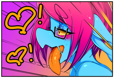 anthro blue_body blue_skin bodily_fluids border clothed clothing drunk eyewear female glasses hair heart_symbol long_tongue monster_girl_(genre) multicolored_hair no_sclera pink_hair red_eyes solo substance_intoxication sweat tongue topless white_border yellow_eyes slugbox ctenophorae cteno monster comic