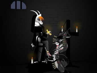 anthro bodily_fluids cock_and_ball_torture cum cumshot dark dominant dominant_female dungeon duo ejaculation female forced genital_fluids genital_torture male male/female nipples nun submissive submissive_male setmann123 asinus bovid caprine donkey equid equine goat horse mammal hi_res