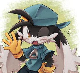 abstract_background anthro backwards_baseball_cap backwards_hat baseball_cap black_body black_fur blue_baseball_cap blue_clothing blue_shirt blue_topwear blush clothing fangs fur gloves handwear hat headgear headwear kemono looking_at_viewer male one_eye_closed open_mouth shirt solo teeth topwear wink winking_at_viewer yellow_clothing yellow_eyes yellow_gloves yellow_handwear young young_anthro young_male haippp bandai_namco klonoa_(series) klonoa 2020 absurd_res hi_res japanese_description