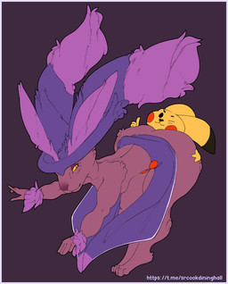 anthro border breasts butt duo facesitting female fusion male male/female pokemon_fusion purple_border sitting_on_another size_difference small_breasts srcook nintendo pokemon generation_1_pokemon generation_4_pokemon lopunny mismagius pikachu pokemon_(species) absurd_res hi_res