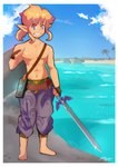 2018 5_fingers abs barefoot blonde_hair blue_eyes clothing cloud day feet fingerless_gloves fingers gloves hair handwear hi_res humanoid humanoid_pointy_ears hylian jellyjigs light_body light_skin link male master_sword melee_weapon nintendo not_furry palm_tree plant sheikah_slate signature sky solo sword teeth the_legend_of_zelda toes tree water weapon
