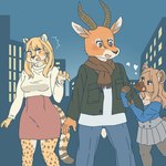 anthro clothed clothing female group horn kemono male open_mouth scarf trio ekaki510 antelope bovid cheetah felid feline gazelle hyena mammal spotted_hyena 1:1