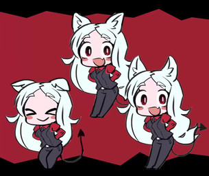 accessory belt bottomwear clothing dancing fangs female group hair hands_behind_back long_hair looking_at_viewer necktie open_mouth pants red_background red_eyes simple_background spade_tail suit tail teeth topwear vest white_body white_hair white_skin chaki_(teasets) helltaker cerberus_(helltaker) animal_humanoid canid canid_humanoid canine canine_humanoid demon demon_humanoid dog_humanoid humanoid mammal mammal_humanoid animated no_sound short_playtime video