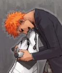 bite duo eye_contact hair looking_at_another male orange_hair shinigami_uniform simple_background adjuchas asian_mythology bleach_(series) east_asian_mythology japanese_mythology mythology grimmjow_jaegerjaquez ichigo_kurosaki deity felid hollow_(bleach) mammal pantherine shinigami low_res