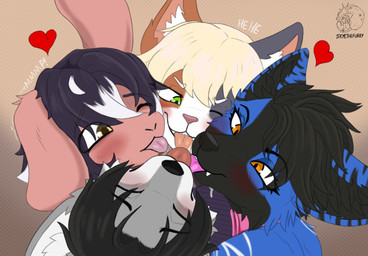 anthro black_body black_fur black_nose blonde_hair blue_body blue_fur bodily_fluids brown_body brown_fur fur green_eyes grey_body grey_fur group hair kissing licking licking_tongue male orange_eyes pink_nose saliva tongue white_body white_fur yellow_eyes allartskye skye_(allartskye) calico_cat canid canine canis domestic_cat felid feline felis lagomorph leporid mammal rabbit wolf hi_res