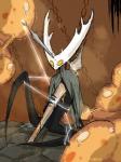 ambiguous_gender blood blood_on_weapon bodily_fluids bottomless clothed clothing colored_blood horn impaled_with_own_weapon impalement melee_weapon mouthless no_pupils orange_blood partially_clothed sitting solo spread_legs spreading stab unusual_blood unusual_bodily_fluids weapon yellow_eyes karta. hollow_knight team_cherry hollow_knight_(character) the_infection_(hollow_knight) humanoid infected_(species) vessel_(species) 3:4