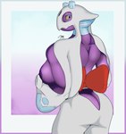 anthro areola big_breasts big_butt blue_background blue_eyes border breasts butt butt_cleavage clothing digital_drawing_(artwork) digital_media_(artwork) exposed_breasts female froslass generation_4_pokemon gradient_background hand_on_breast hi_res krowbutt looking_at_viewer looking_back nintendo nipples pokemon pokemon_(species) purple_background purple_breasts rear_view side_boob signature simple_background solo white_border yellow_sclera