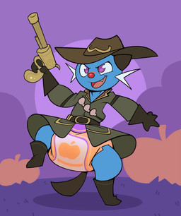 ambiguous_gender anthro belt big_diaper blue_body bodily_fluids boots brown_belt brown_boots brown_clothing brown_ears brown_footwear brown_gloves brown_handwear brown_tail brown_trenchcoat clothed clothing coat costume cowboy_hat diaper food footwear fruit genital_fluids gloves gun halloween_costume handwear hat headgear headwear holding_gun holding_object holding_ranged_weapon holding_weapon holidays on_one_leg open_mouth open_smile orange_nose plant pumpkin purple_background ranged_weapon shell shoes simple_background smile snaggle_tooth solo standing tail topwear trenchcoat unclean_diaper urine used_diaper weapon wearing_diaper wet_diaper whiskers white_whiskers witch_hunter bubblepuppers halloween innocentenough nintendo pokemon warhammer_(franchise) warhammer_fantasy aqua_(innocentenough) dewott generation_5_pokemon pokemon_(species) full-length_portrait hi_res portrait
