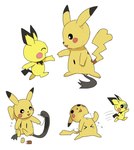 ambiguous_gender black_eyes duo eyes_closed feral open_mouth plushie running scared semi-anthro simple_background smile white_background yellow_body tosx nintendo pokemon generation_1_pokemon generation_2_pokemon generation_7_pokemon mimikyu pichu pikachu pokemon_(species)