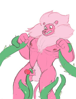 anthro anthrofied balls biped blush body_hair clenched_teeth fur genitals happy_trail heart_nose heart_symbol humanoid_genitalia humanoid_penis male mane muscular muscular_anthro muscular_male navel pecs penis pink_body pink_fur pink_mane pubes sex sharp_teeth simple_background solo teeth tentacle_sex tentacles tentacles_on_male white_background hickeybickeyboo cartoon_network steven_universe lion_(steven_universe) felid lion mammal pantherine 2015 digital_media_(artwork)
