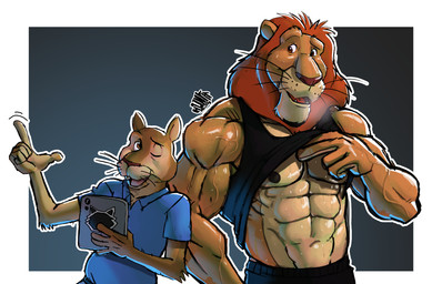 5_fingers abs anthro athletic_wear black_bottomwear black_clothing black_shirt black_shorts black_tank_top black_topwear blue_clothing blue_shirt blue_topwear bodily_fluids border bottomwear brown_body brown_fur clothing collared_shirt duo eyebrows fingers fur gesture grey_background gym_bottomwear gym_shorts hair hand_gesture looking_at_another loser_gesture male mane motion_lines muscular muscular_male navel nipples one_eye_closed polo_shirt raised_eyebrows red_hair shirt shorts simple_background sweat tablet_computer tank_top topwear whiskers white_border wink hunter-husky benny_(the_wild) samson_(the_wild) felid lion mammal pantherine rodent sciurid tree_squirrel hi_res signature